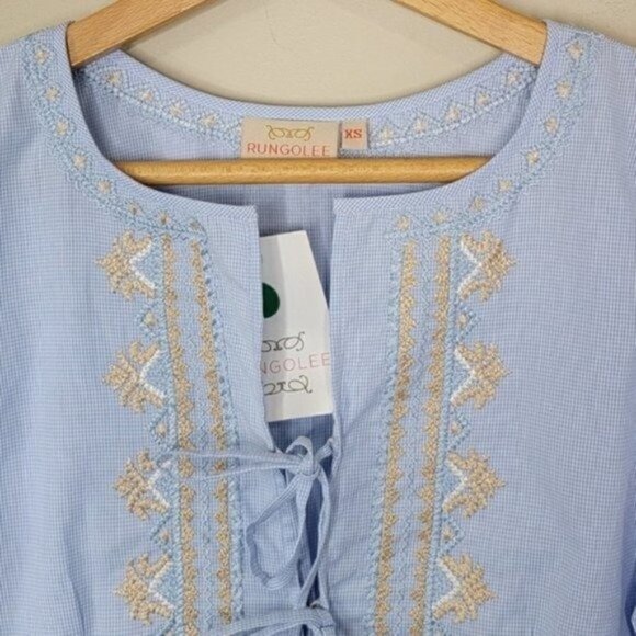 NWT Rungolee | Blue White Gingham Embroidered Top - Picture 2 of 7